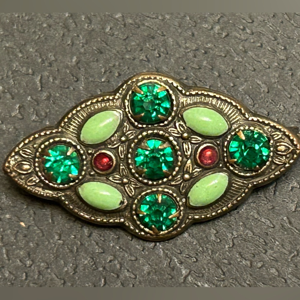 Vintage Antique Pin Brooch Green Glass Stone Colored Rhinestones. very small!